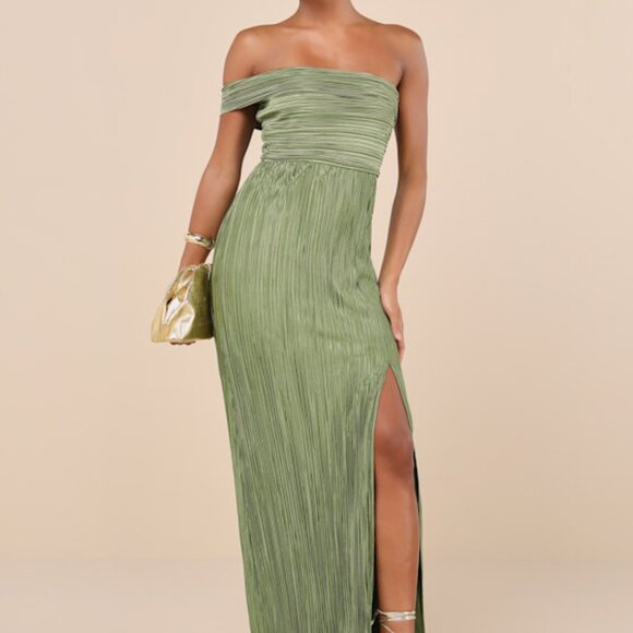 Lulus Poised Performance Olive Green Plisse One-shoulder Maxi Dress - Size S - Picture 1 of 1